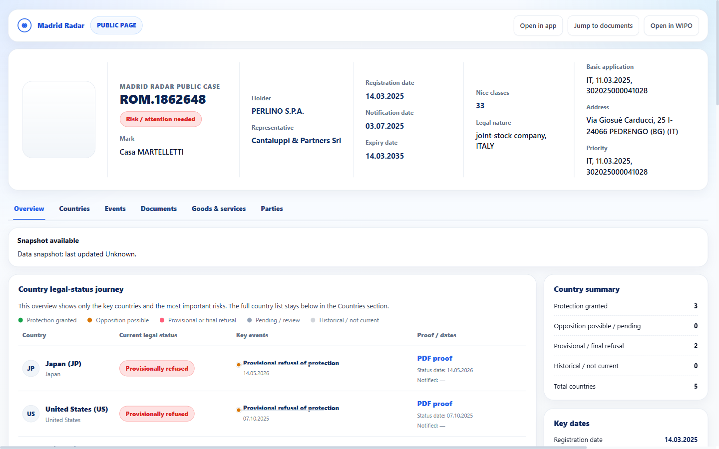 Madrid Radar public case page in English with country status and evidence