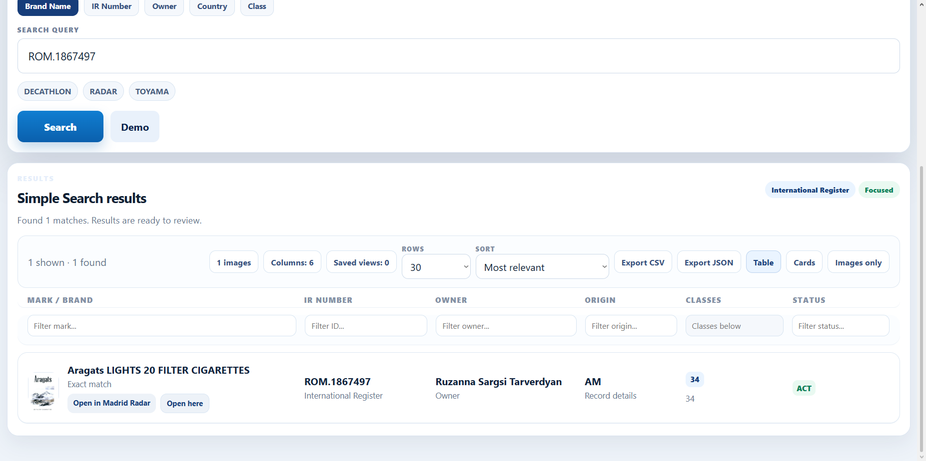 Madrid Radar trademark search results with owner and representative columns